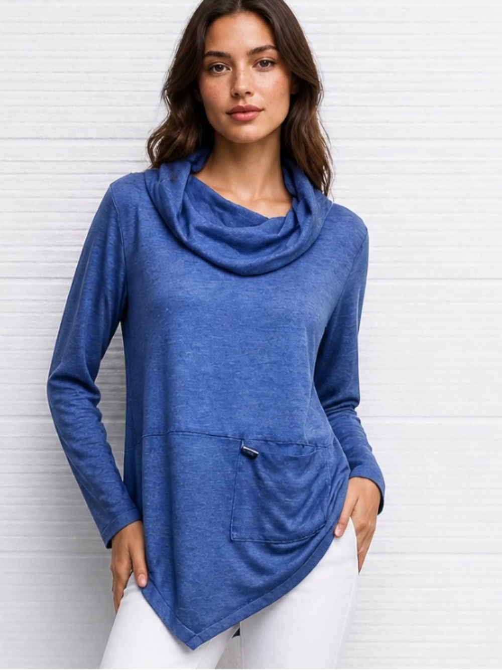 SOFT SURROUNDINGS Top Knit Cowl Blue Tunic Evening Stroll Royal Blue Pocket